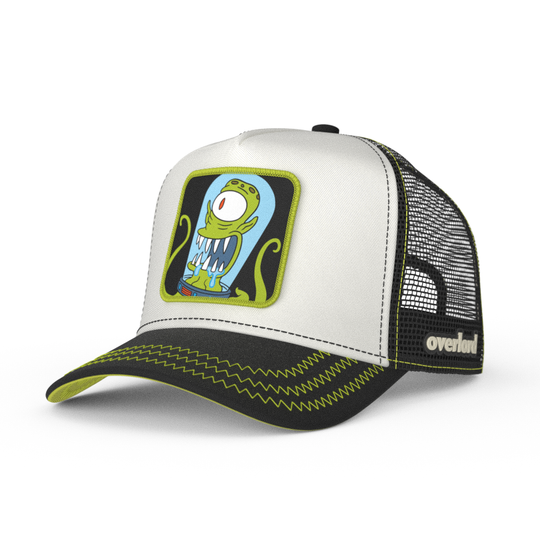 White and black OVERLORD X The Simpsons present Kang the alien trucker baseball cap hat with lime green zig zag stitching. PVC Overlord logo.