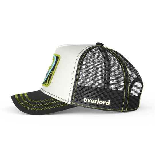 White and black OVERLORD X The Simpsons present Kang the alien trucker baseball cap hat with black mesh. PVC Overlord logo.