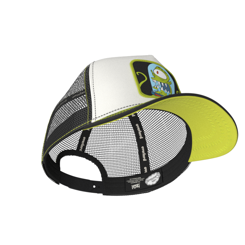 White and black OVERLORD X The Simpsons present Kang the alien trucker baseball cap hat with black sweatband and lime green under brim.