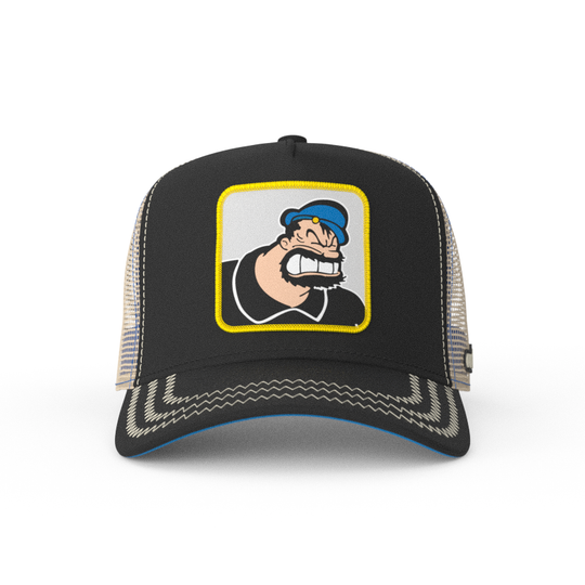 Black OVERLORD X Popeye angry Brutus Bluto trucker baseball cap hat with khaki zig zag stitching. PVC Overlord logo.