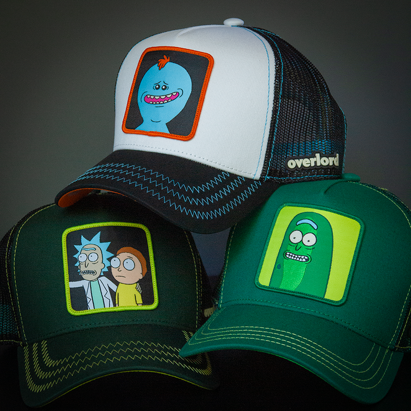 Dark Green OVERLORD X Rick & Morty scared Pickle Rick trucker baseball cap hat with lime green stitching. PVC Overlord logo.