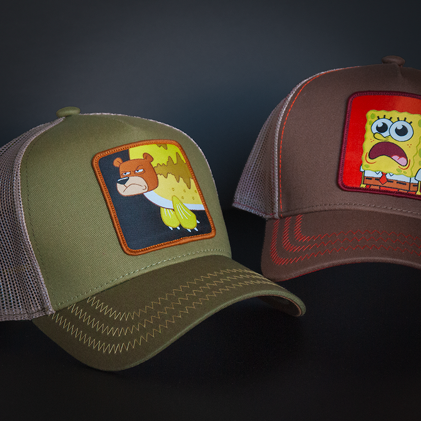 Olive green OVERLORD X SpongeBob Seabear trucker baseball cap hat with light olive zig zag stitching. PVC Overlord logo.