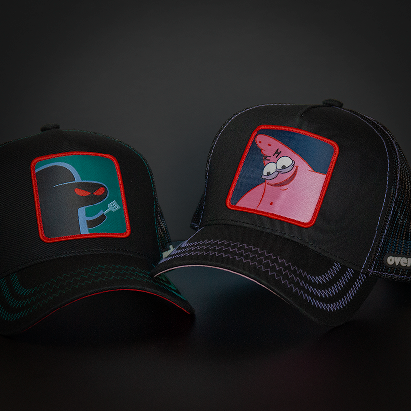 Black OVERLORD X SpongeBob Hash Slinging Slasher trucker baseball cap hat with teal zig zag stitching. PVC Overlord logo.