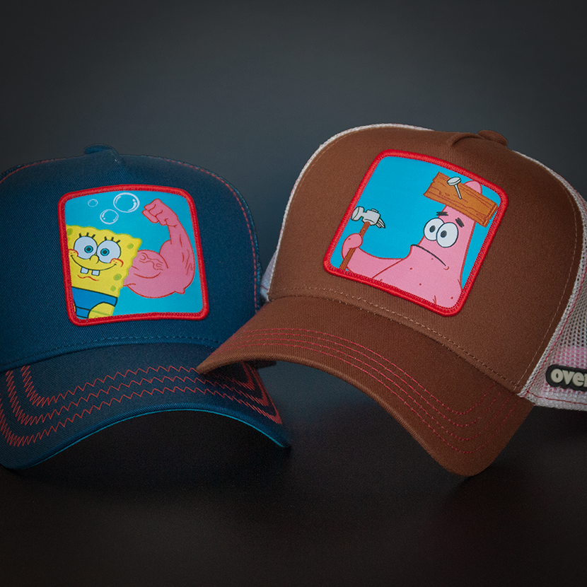 Brown OVERLORD X SpongeBob Patrick holding hammer trucker baseball cap hat with red stitching. PVC Overlord logo.