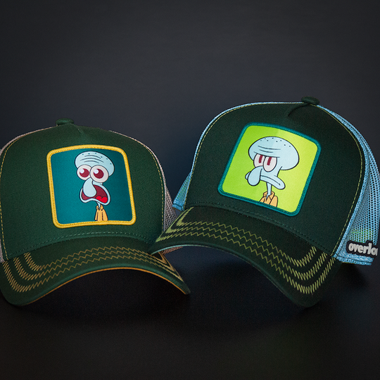 Dark green OVERLORD X SpongeBob serious Squidward trucker baseball cap hat with lime green zig zag stitching. PVC Overlord logo.