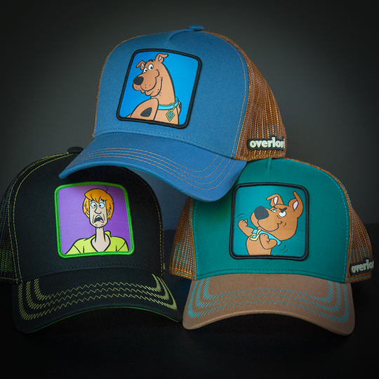 Black OVERLORD X Scooby-Doo scared Shaggy trucker baseball cap hat with lime green zig zag stitching. PVC Overlord logo.