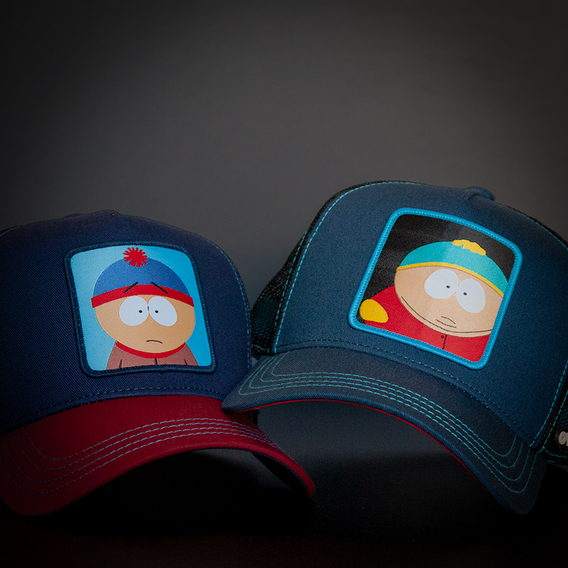 Navy and red OVERLORD X South Park Stan trucker baseball cap hat with blue stitching. PVC Overlord logo.