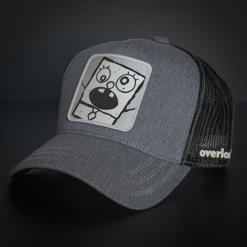 Heather Gray OVERLORD X SpongeBob DoodleBob trucker baseball cap hat with light gray zig zag stitching. PVC Overlord logo.