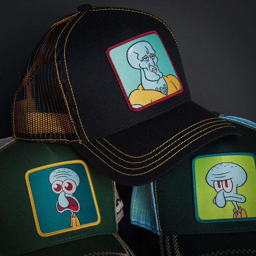 Black OVERLORD X SpongeBob Handsome Squidward trucker baseball cap hat with yellow stitching. PVC Overlord logo.