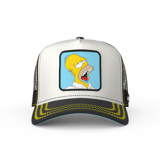 White and black OVERLORD X The Simpsons Homer drooling trucker baseball cap hat with yellow zig zag stitching. PVC Overlord logo.