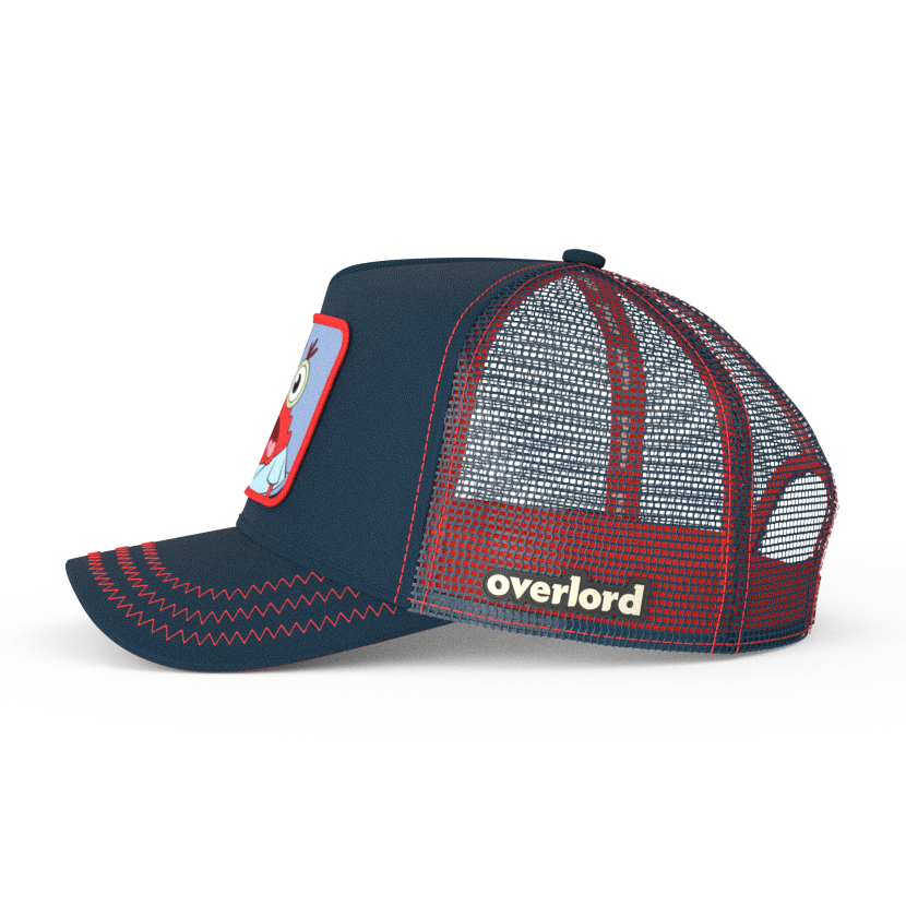 Navy OVERLORD X SpongeBob Krusty Krab surprised face trucker baseball cap with navy mesh. PVC Overlord logo.