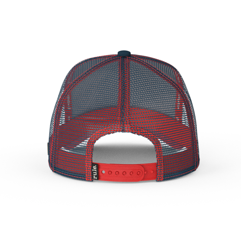 Navy OVERLORD X SpongeBob Krusty Krab surprised face trucker baseball cap with navy mesh and red adjustable strap. PVC Overlord logo.