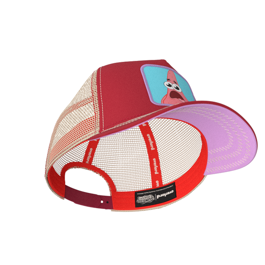 Brick red OVERLORD X SpongeBob Patrick surprised face trucker baseball cap with red sweatband and lavender under brim.