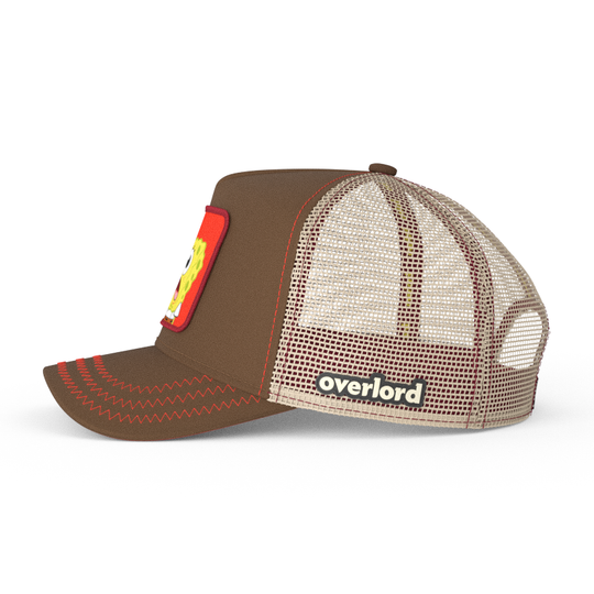 Brown OVERLORD X SpongeBob surprised face trucker baseball cap hat with khaki mesh. PVC Overlord logo.