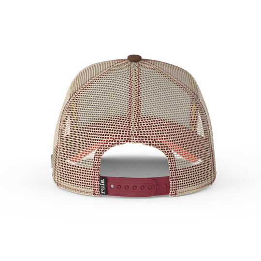 Brown OVERLORD X SpongeBob surprised face trucker baseball cap hat with khaki mesh and dark red adjustable strap. PVC Overlord logo.