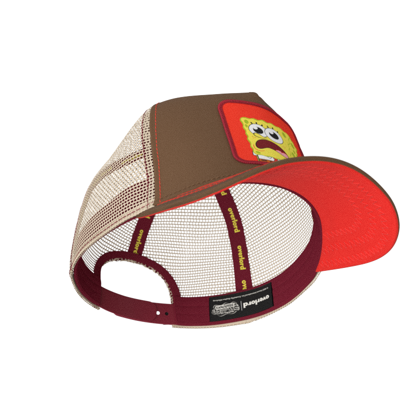 Brown OVERLORD X SpongeBob surprised face trucker baseball cap hat with maroon sweatband and red under brim.