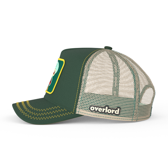 Dark green OVERLORD X SpongeBob Squidward surprised face trucker baseball cap with khaki mesh. PVC Overlord logo.
