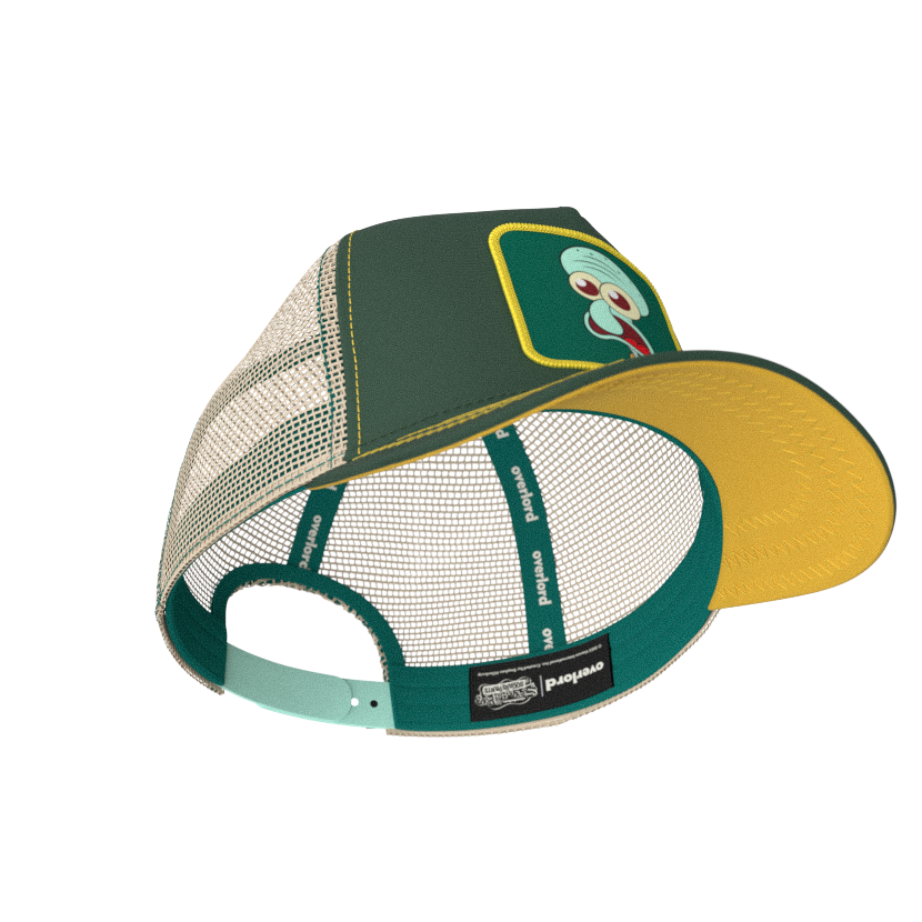 Dark green OVERLORD X SpongeBob Squidward surprised face trucker baseball cap with teal sweatband and yellow under brim.