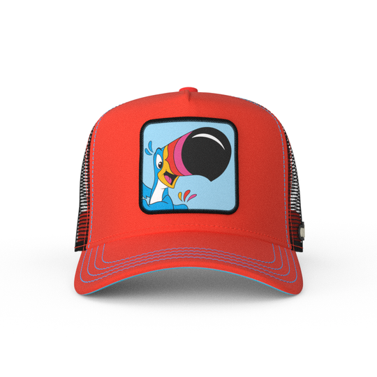 Red OVERLORD X Kelloggs Toucan Sam Froot Loops trucker baseball cap hat with blue stitching. PVC Overlord logo.