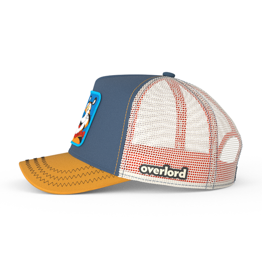 Blue and orange OVERLORD X Kelloggs Tony Tiger Frosted Flakes trucker baseball cap hat with cream mesh. PVC Overlord logo.