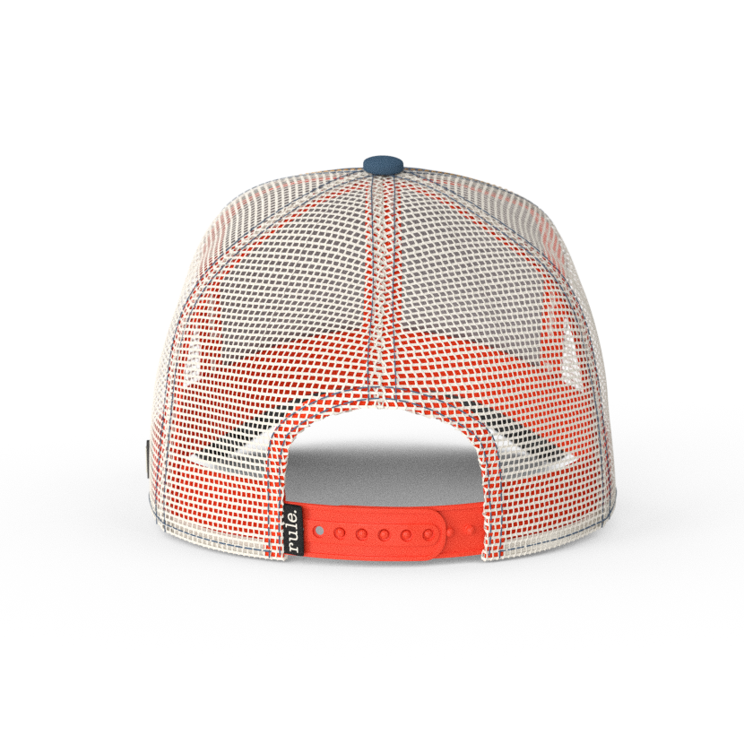 Blue OVERLORD X Kelloggs Tony Tiger Frosted Flakes trucker baseball cap hat with cream mesh and dark orange adjustable strap.