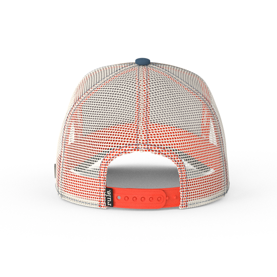 Blue OVERLORD X Kelloggs Tony Tiger Frosted Flakes trucker baseball cap hat with cream mesh and dark orange adjustable strap.