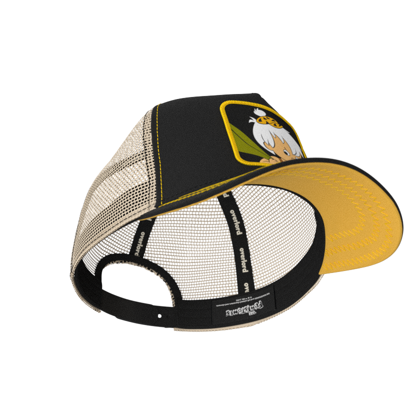 Black OVERLORD X Flintstones Bamm Bamm trucker baseball cap with black sweatband and yellow under brim.