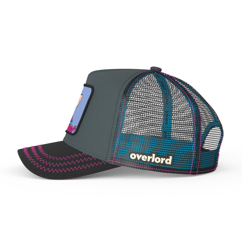 Steel Blue and black OVERLORD X Flintstones Dino trucker baseball cap with black mesh. PVC Overlord logo.