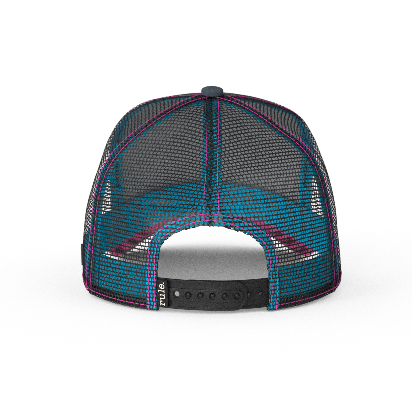 Steel Blue OVERLORD X Flintstones Dino trucker baseball cap with black adjustable strap. PVC Overlord logo.