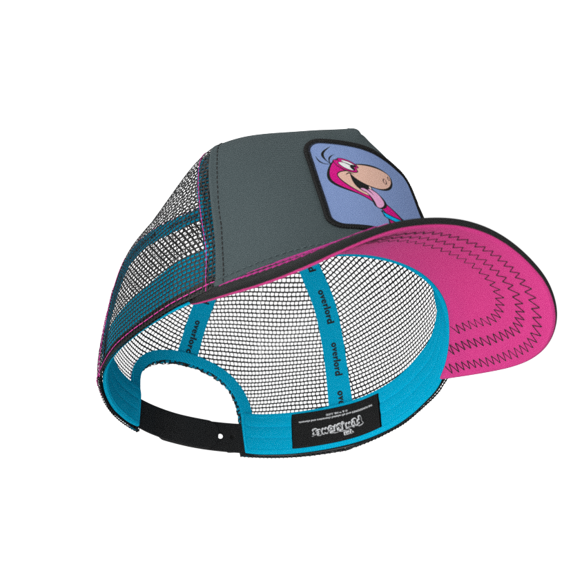 Steel Blue and black OVERLORD X Flintstones Dino trucker baseball cap with turquoise sweatband and hot pink under brim.