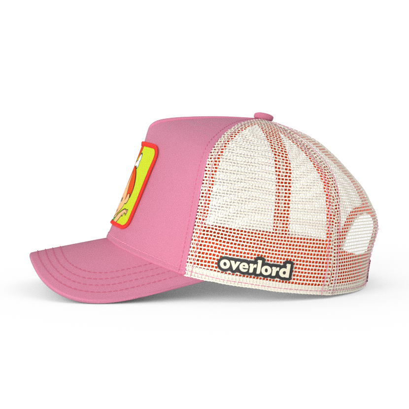 Pink OVERLORD X Flintstones Pebbles trucker baseball cap with white mesh. PVC Overlord logo.