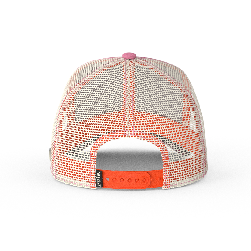 Pink OVERLORD X Flintstones Pebbles trucker baseball cap with dark orange adjustable strap. PVC Overlord logo.