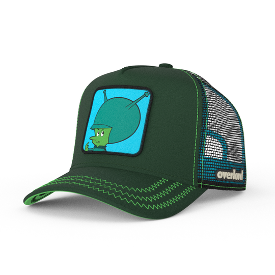 Forest green OVERLORD X Flintstones Great Gazoo trucker baseball cap hat with green zig zag stitching. PVC Overlord logo.