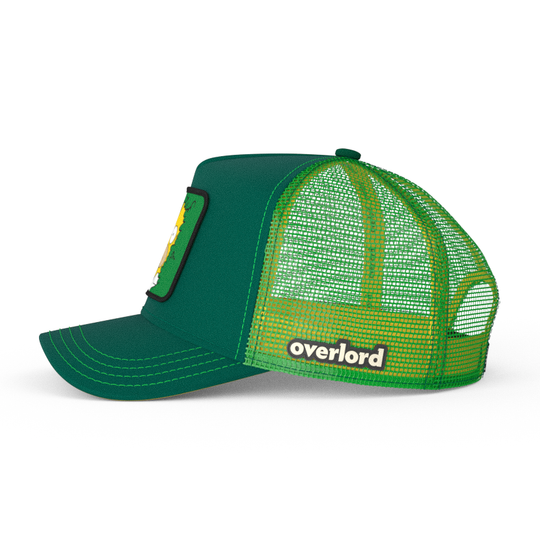 Green OVERLORD X The Simpsons present Homer in bush trucker baseball cap hat with green mesh. PVC Overlord logo.