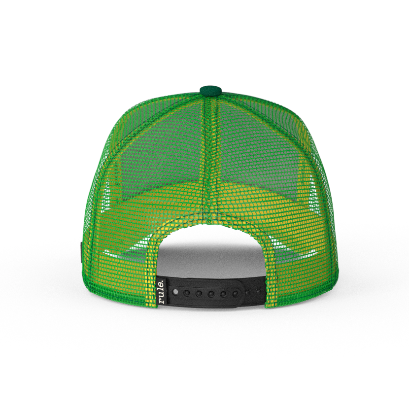 Green OVERLORD X The Simpsons present Homer in bush trucker baseball cap hat with green mesh and black adjustable strap. PVC Overlord logo.
