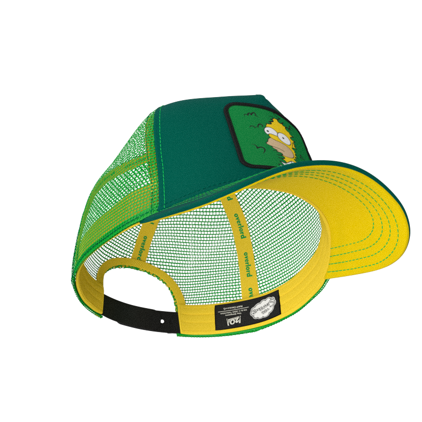 Green OVERLORD X The Simpsons present Homer in bush trucker baseball cap hat with yellow sweatband and under brim.