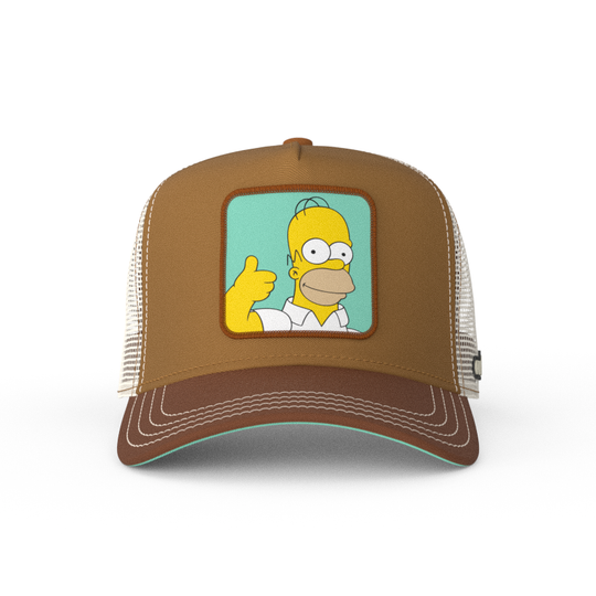 Brown OVERLORD X The Simpsons Homer doing thumbs up trucker baseball cap hat with khaki stitching. PVC Overlord logo.