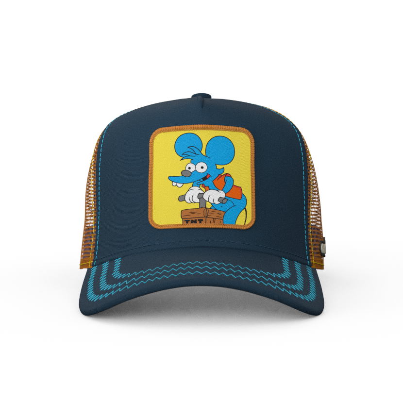 Navy OVERLORD X The Simpsons Itchy the mouse with TNT trucker baseball cap hat with turquoise stitching. PVC Overlord logo.