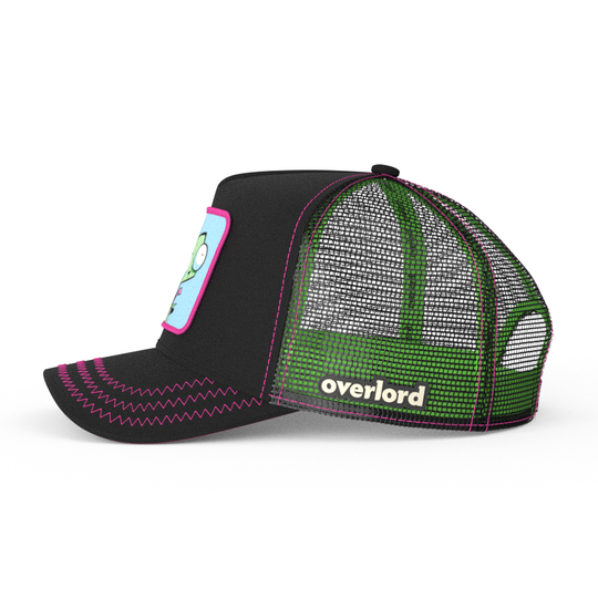 Black OVERLORD X Invader Zim yeliing GIR trucker baseball cap hat with black mesh. PVC Overlord logo.