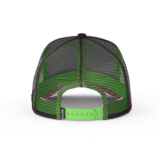 Black OVERLORD X Invader Zim yeliing GIR trucker baseball cap hat with black mesh and bright green adjustable strap.