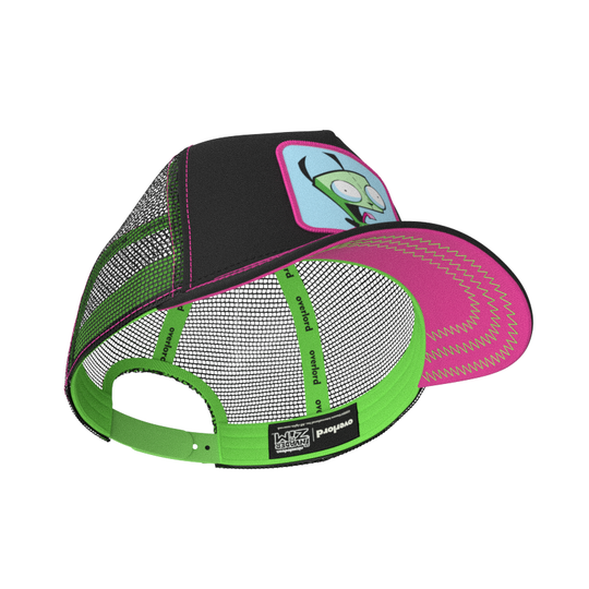 Black OVERLORD X Invader Zim yeliing GIR trucker baseball cap hat with bright green sweatband and hot pink under brim.