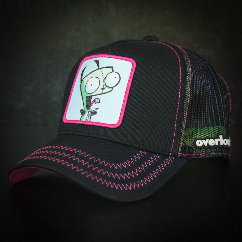 Black OVERLORD X Invader Zim yeliing GIR trucker baseball cap hat with hot pink zig zag stitching. PVC Overlord logo.