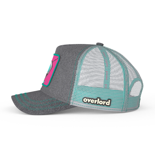 Heather Gray OVERLORD X Invader Zim GIR robot trucker baseball cap hat with light gray mesh. PVC Overlord logo.