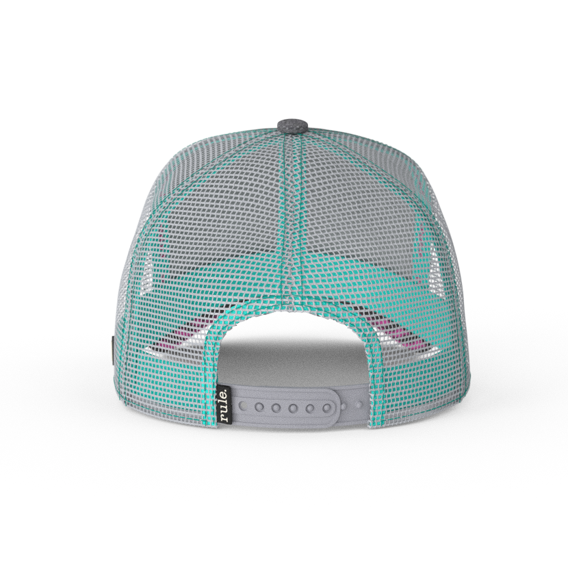 Heather Gray OVERLORD X Invader Zim GIR robot trucker baseball cap hat with light gray mesh and gray adjustable strap.