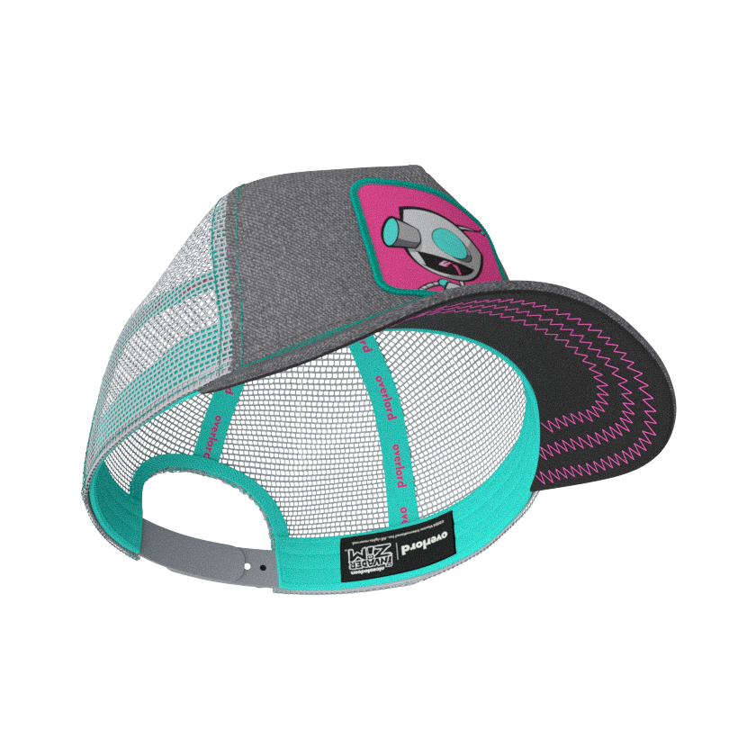 Heather Gray OVERLORD X Invader Zim GIR robot trucker baseball cap hat with turquoise sweatband and black under brim.