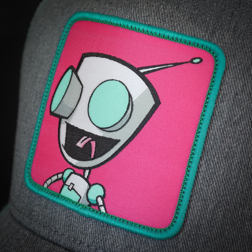 Heather Gray OVERLORD X Invader Zim GIR robot trucker baseball cap hat woven Overlord patch closeup.