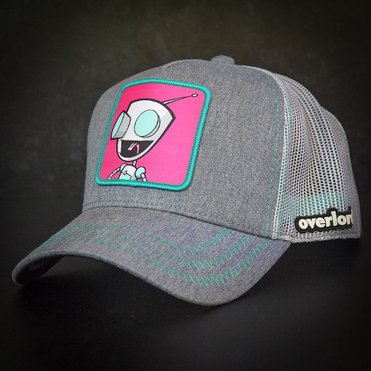 Heather Gray OVERLORD X Invader Zim GIR robot trucker baseball cap hat with turquoise zig zag stitching. PVC Overlord logo.