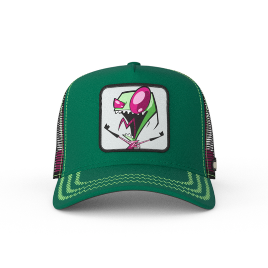 Green OVERLORD X Invader Zim screaming Zim trucker baseball cap hat with light green zig zag stitching. PVC Overlord logo.