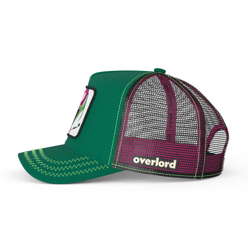 Green OVERLORD X Invader Zim screaming Zim trucker baseball cap hat with black mesh. PVC Overlord logo.