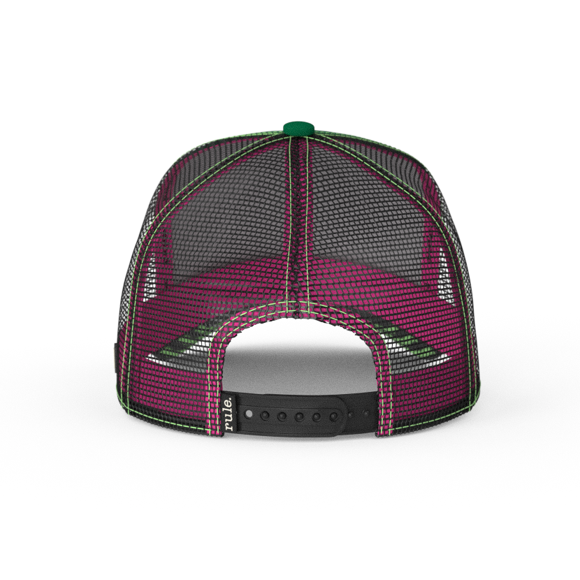 Green OVERLORD X Invader Zim screaming Zim trucker baseball cap hat with black mesh and black adjustable strap.